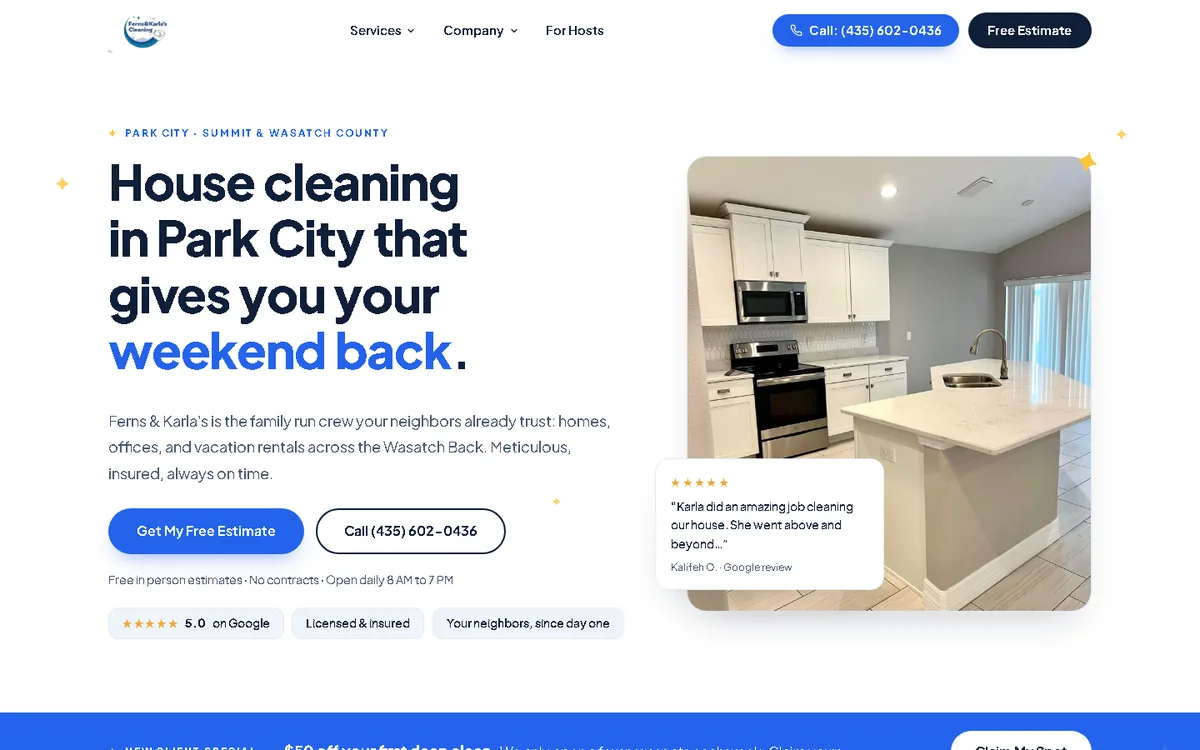 House cleaning website homepage on desktop