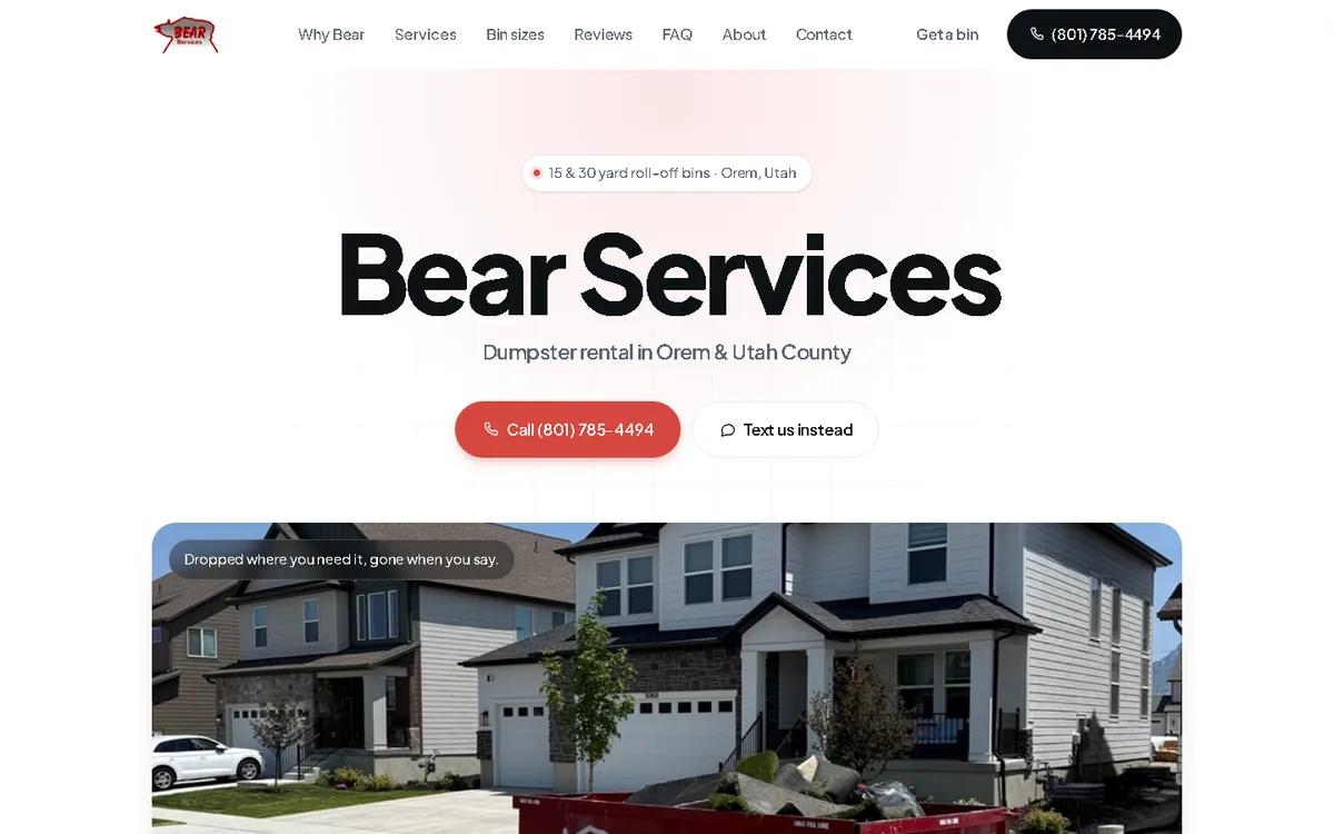 Dumpster rental website homepage on desktop
