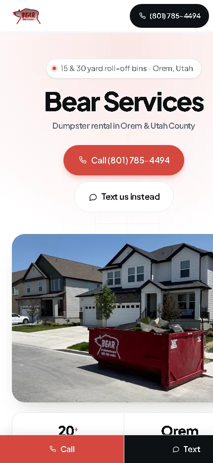 Dumpster rental website on a phone